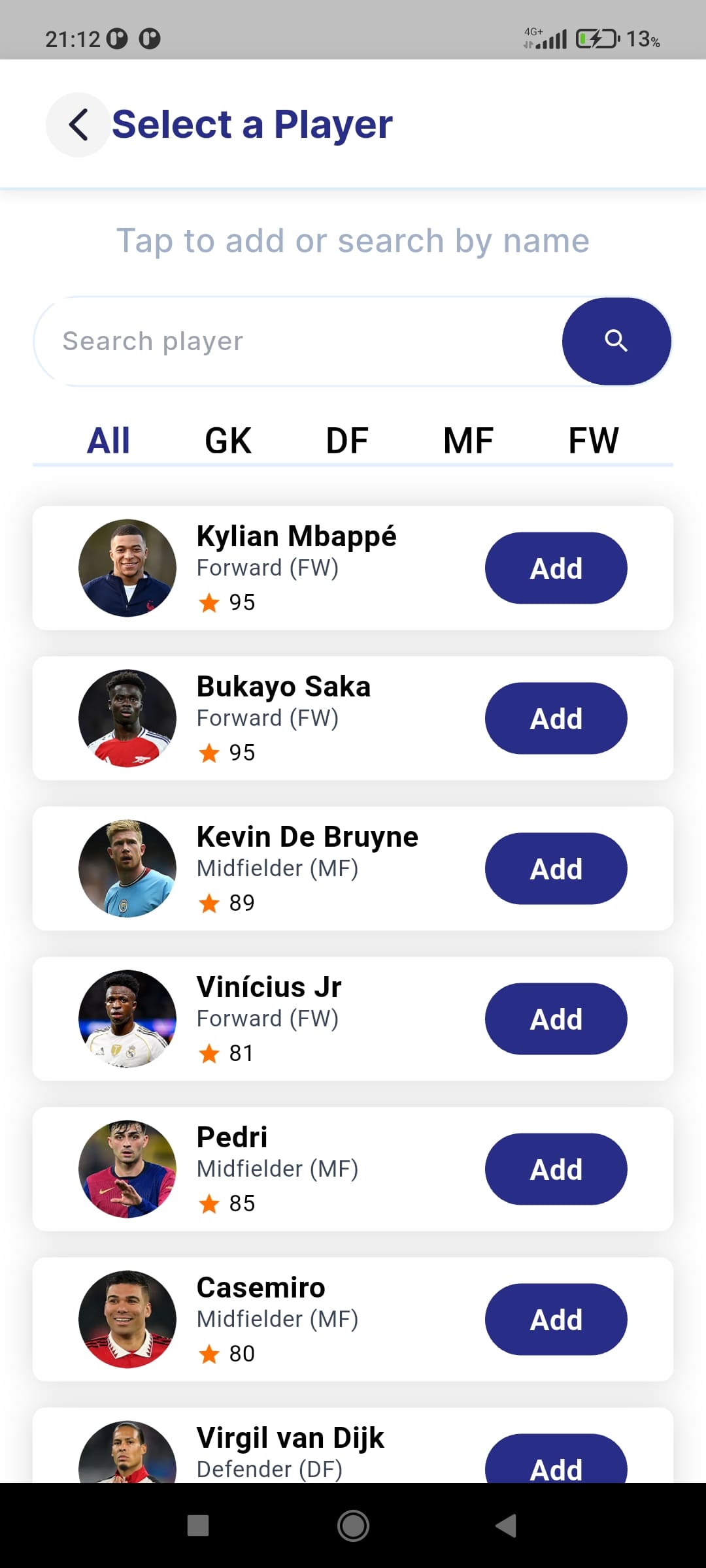 Player selection screen